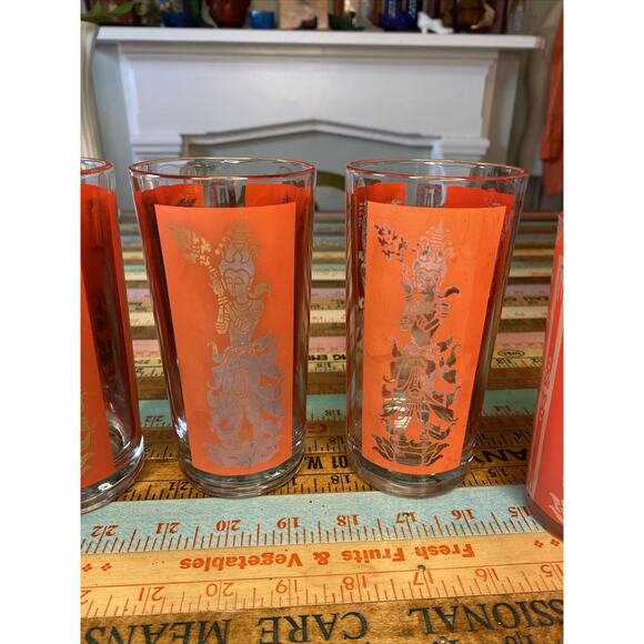Thai Goddess Glass Mid Century Modern Retro Bar Set of 5 Asian MCM Red Some Wear - Picture 2 of 12